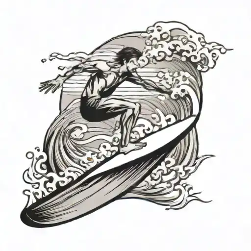 A Black-grey Tattoo Of A Son Surfing On Musical Waves