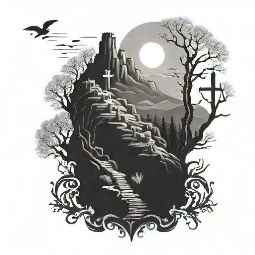 Dark Valley With Crosses On A Hill Overlooking