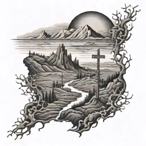 Dark Valley With Crosses On A Hill Overlooking Water