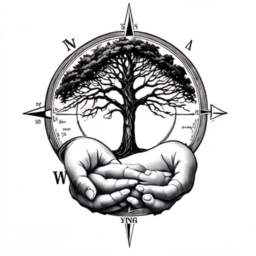 Baby Hand And Women Hand Holding A Tree With Behind A Compass