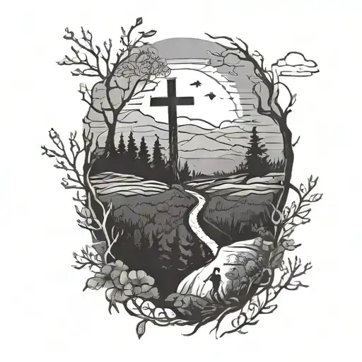 Person Walking Through A Dark Valley Within A Forest With A Cross Shining Over Him