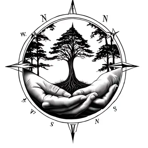 Baby Hand And Women Hand Holding A Tree With Behind A Compass