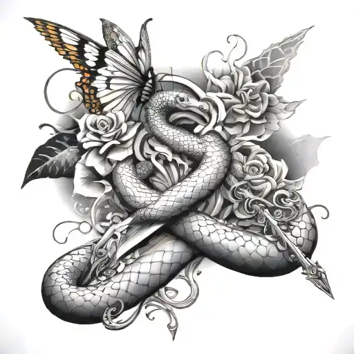 Snake And Sword With Butterflies Around It