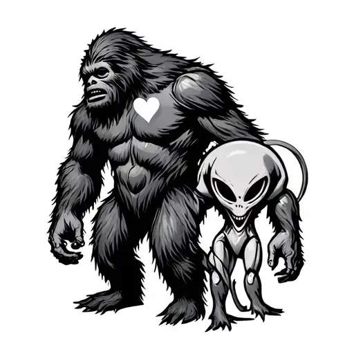 Sasquatch And Alien With Heart Symbol