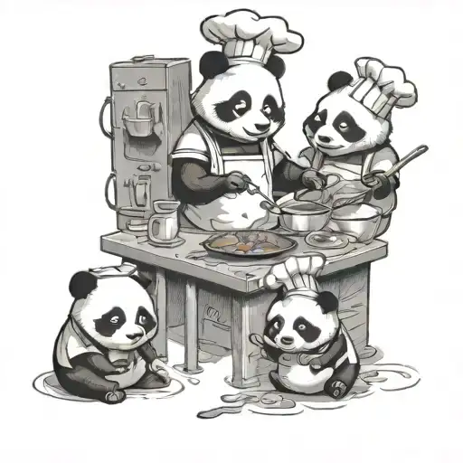 A Kitchen Scene With Panda Chefs Cooking Up A Storm