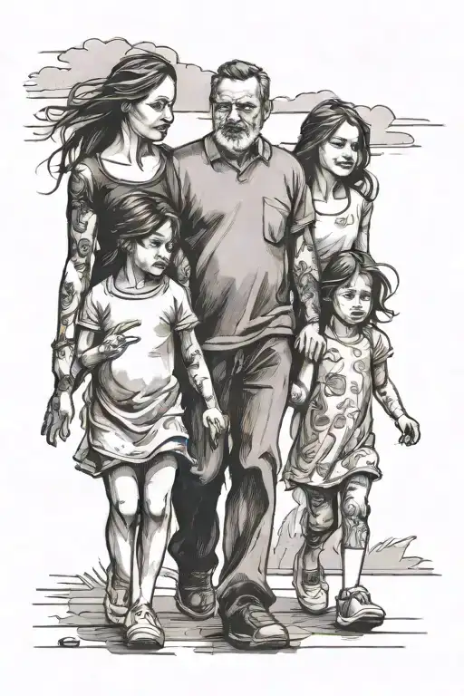 Dad With Three Daughters Walking Hand