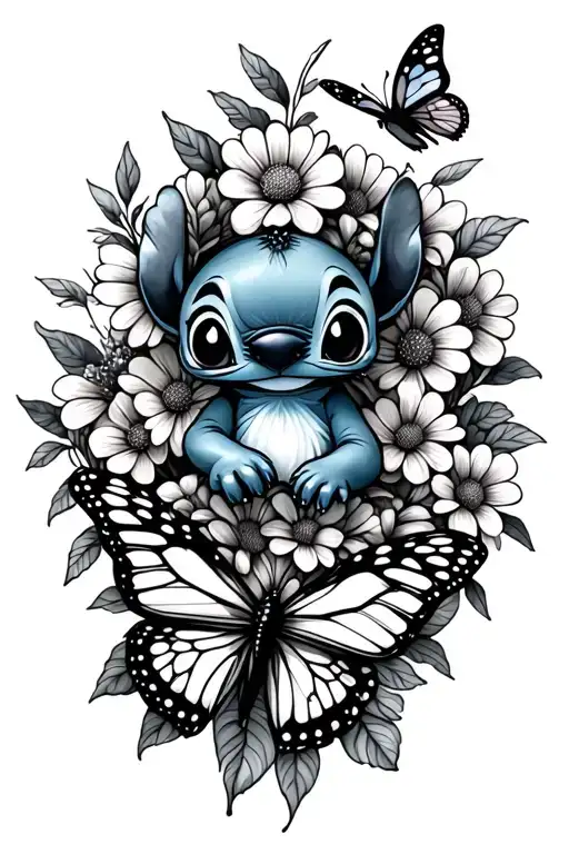 Little Stitch And Flowers And Butterfly Resting