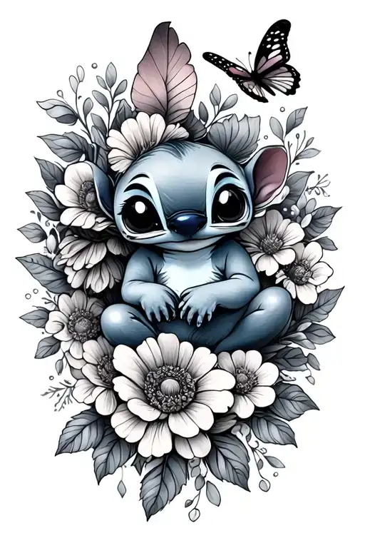 Little Stitch And Flowers And Butterfly Resting