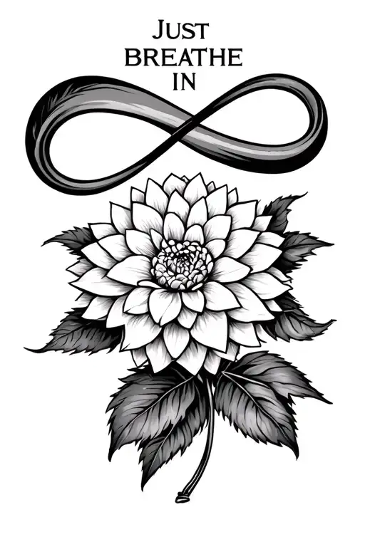 Dahlia Tattoo With The Infinity Sign And The Words Just Breathe In Black And White
