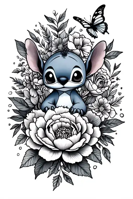 Little Stitch And Peonies And Butterfly And Leafs Surrounded