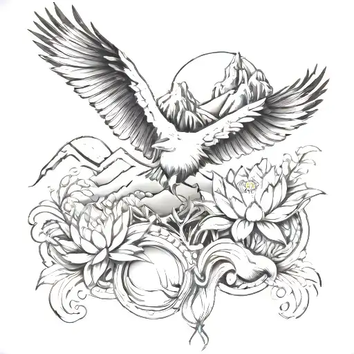 Hair In The Wind Without A Helmet With Mountains Trees A Sun A Crane And A Lotus