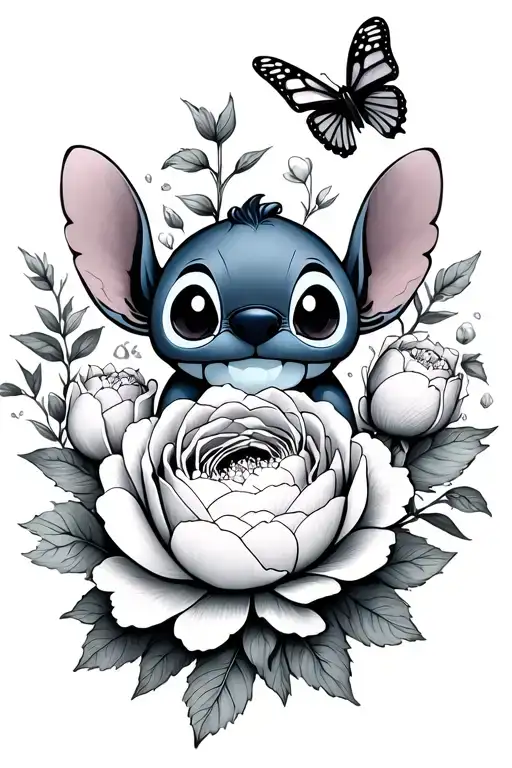 Little Stitch And Peonies And Butterfly And Leafs
