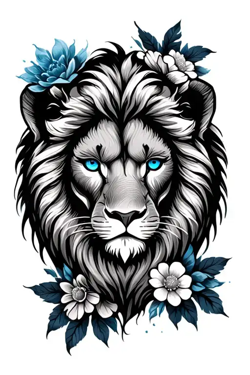 Blue Eyed Lion Head Surrounded By Flowers