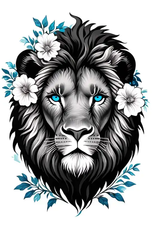 Blue Eyed Lion Head Surrounded By Flowers