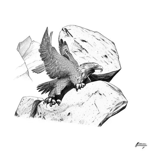 A Man Pushing Boulder Up A Mountain Hill Where An Eagle Is Waiting For Him