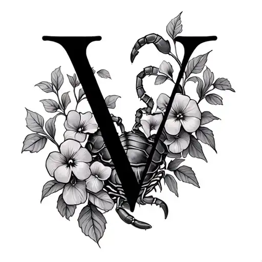 A Letter V Surrounded By Climbing Violets Around And Wrapped In A Scorpion