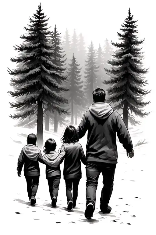 Family Of 4 Walking Through A Dense Pine Forest
