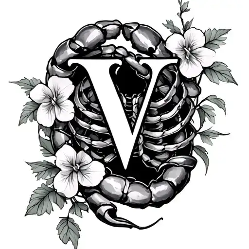 A Letter V Surrounded By Climbing Violets Around And Wrapped In A Scorpion