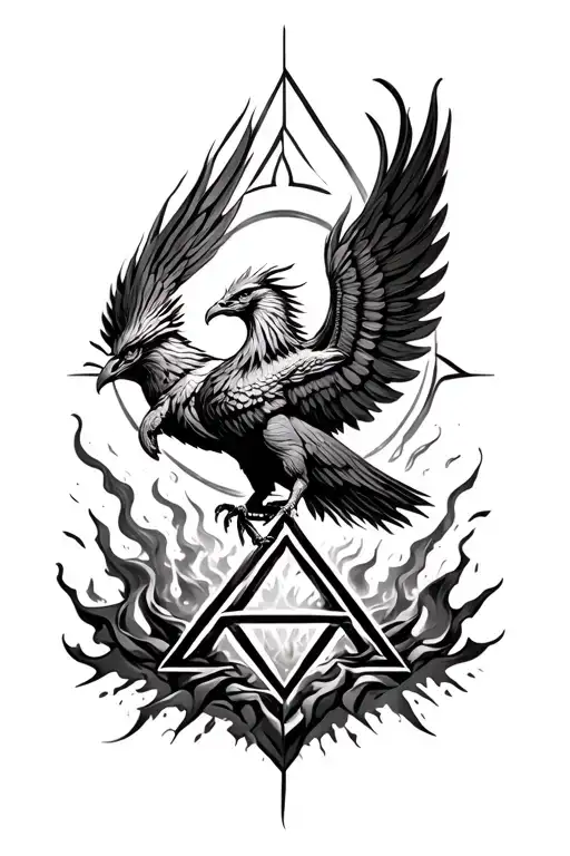 Phoenix Rising From Ashes With Valknut Symbol In The Background