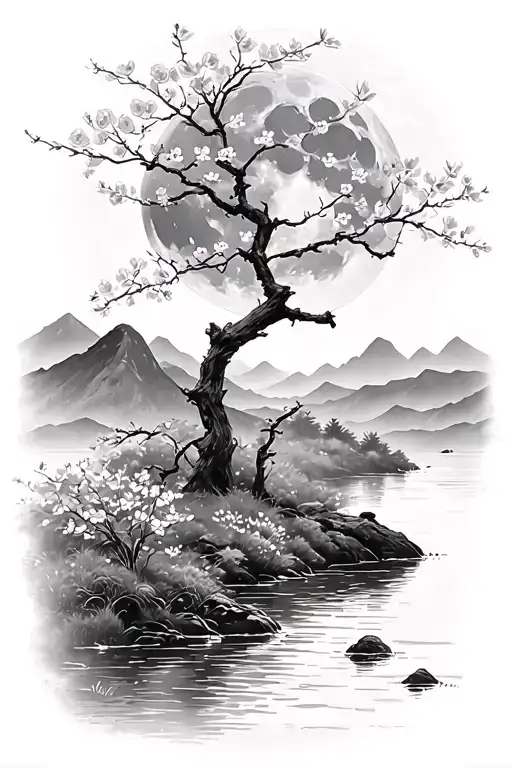 Cherry Blossom Tree By A River With A Full Moon And Mountains In The Background