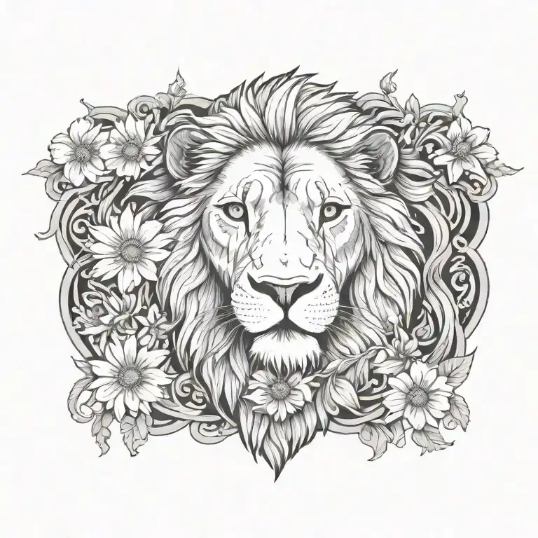 Lion Showing Teeth With Daisies And Larkspur Border