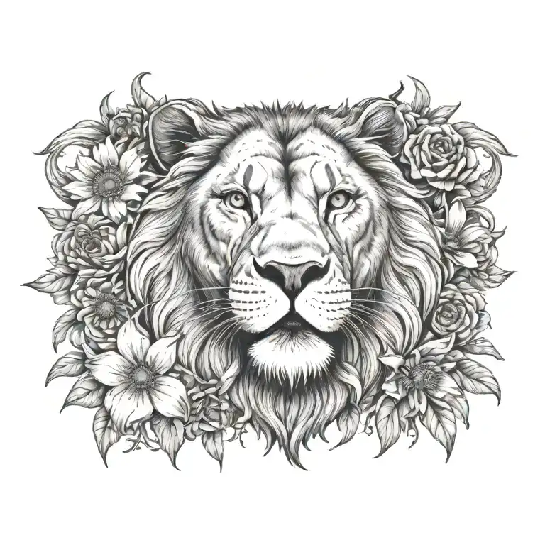 Lion Showing Teeth With Daisies And Larkspur Flower