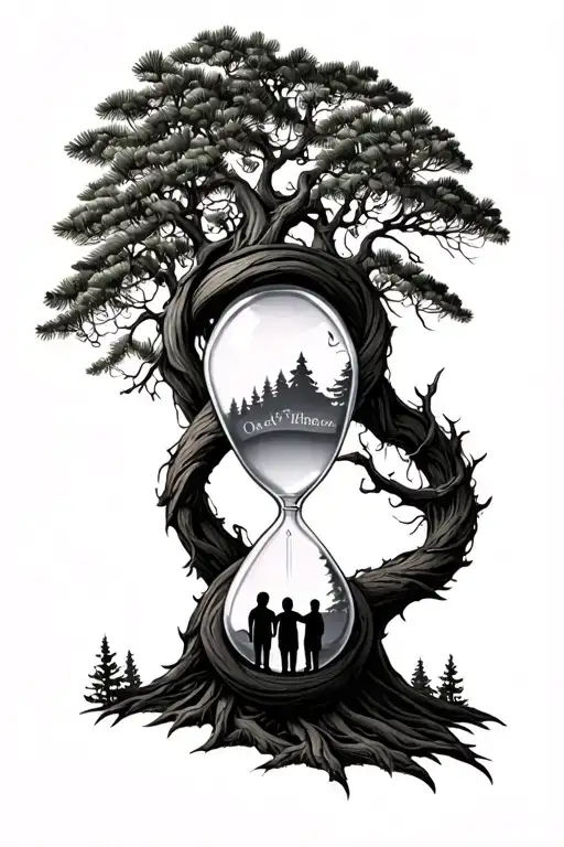 Pine Forest Wrap Around And Family Tree And Hour Glass Father With 3 Kids
