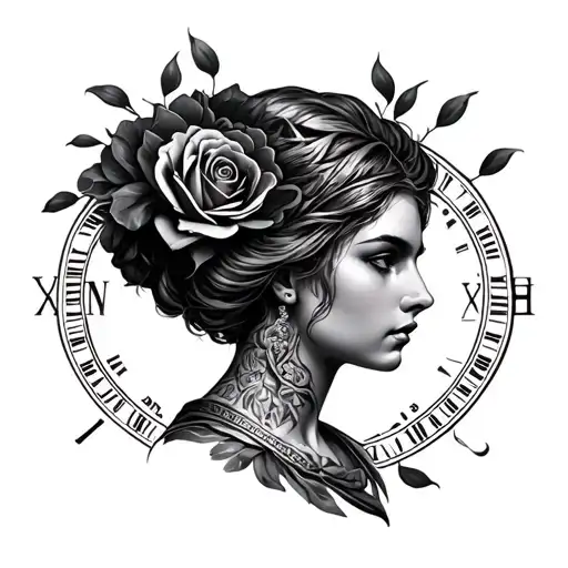 Athena Portrait Style Rose Petals In Hair With Roman Numerals Going Around Her