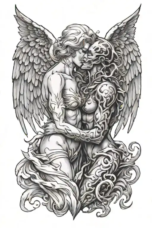 Angel And Demon Kissing Line Tattoo Design