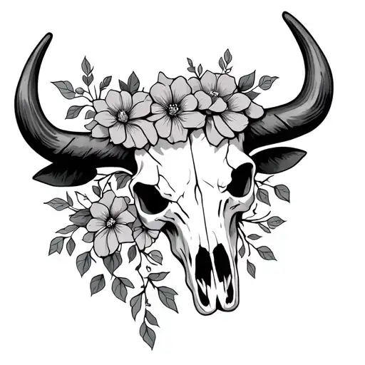 Bull Skull With Flowers And Vines Surrounding