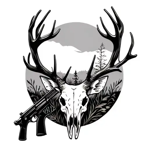 Black And White Tattoo That Goes From Your Hand To Your Forearm With Deer Skull And Nature With Guns