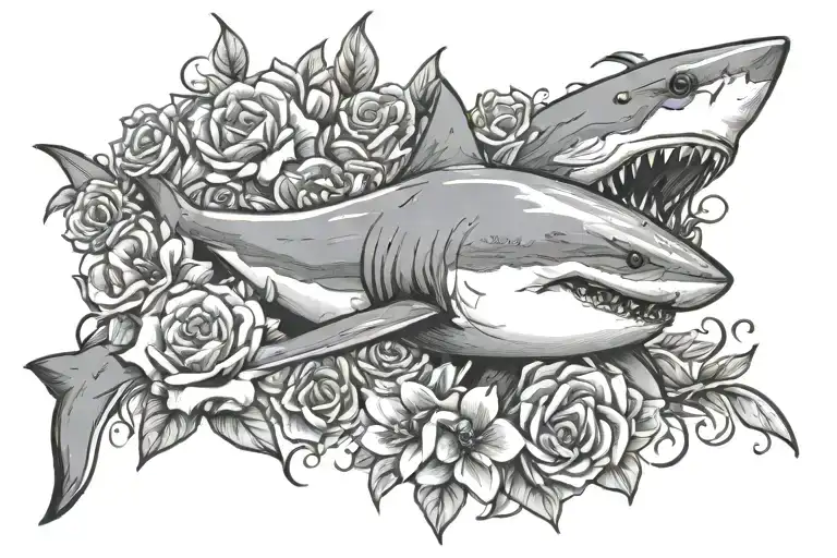 Great White Shark With Flowers Intertwined