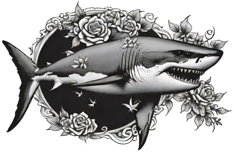 Great White Shark With Flowers Surrounding