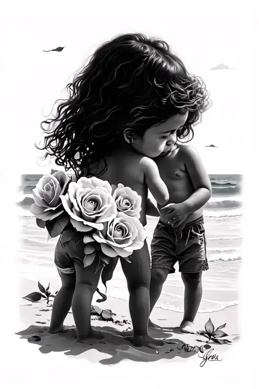 Roses And Kids On Beach Scene