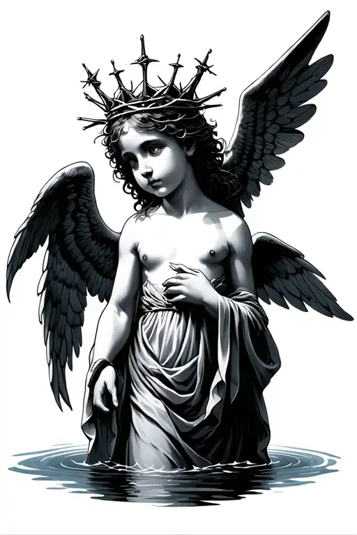 Pisces Fish Swimming Around A Young Angel Wearing A Crown Of Thorns