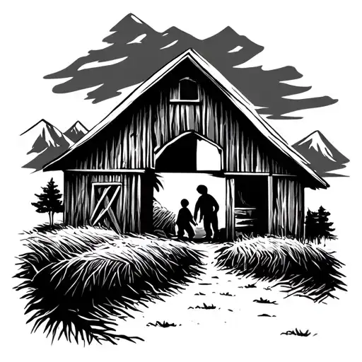 Dad With 2 Boys In Hay Barn With Mountains