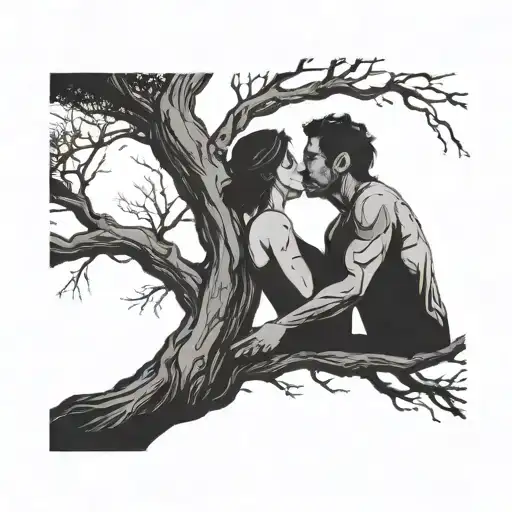 Silhouette Of A Couple Kissing Infront Of A Tree