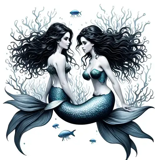 Underwater Scene With Two Mermaids Coral Jelly Fish