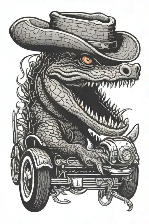 Alligator With Cowboy Hat Driving A Cadillac