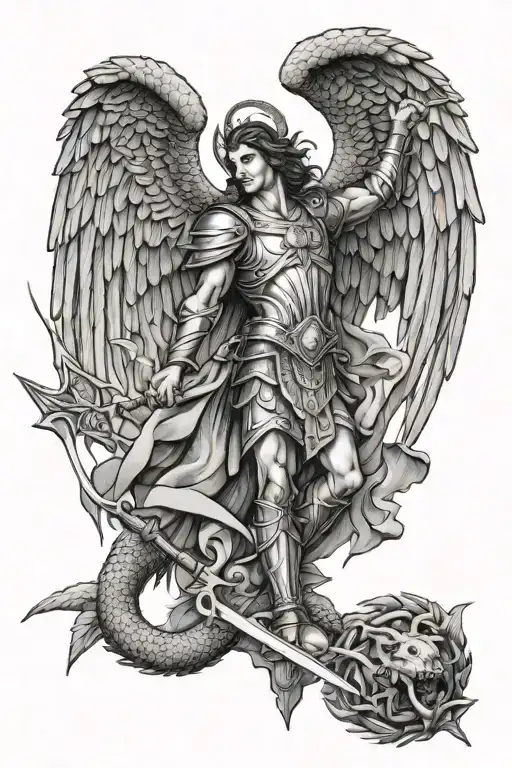 St Michael Archangel Standing Over Killing Dragon With A Spear