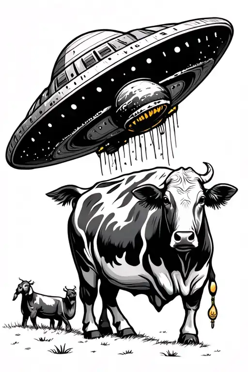 Simple Tattoo Classic Ufo Abducting A Cow Half Way