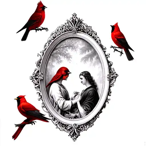Antique Oval Picture Frame With Lovers Tarot Picture In Black And White Withred Cardinals Around