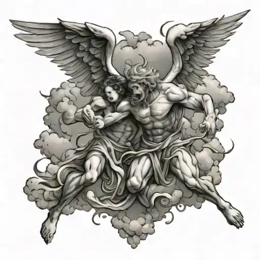 An Angel Fighting Demon Over Hell With Clouds
