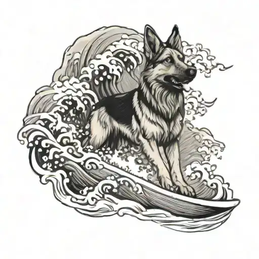 A Majestic Ocean Wave With A German Shepard Riding It Like A Surfer
