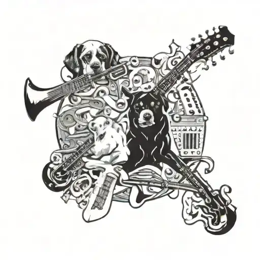 A Collage Of Various Musical Instruments And Dog Breeds Forming A Cohesive Design