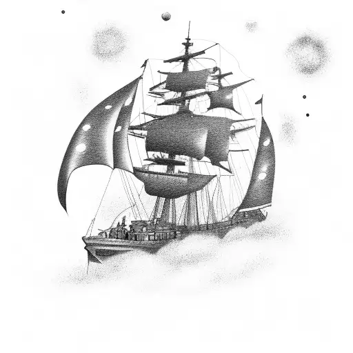 A Black-grey Tattoo Of A Navy Ship Sailing Through Space