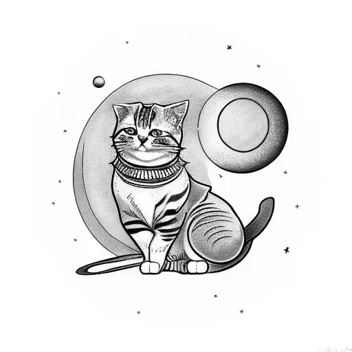 A Tattoo Of A Cat Sitting On A Crescent Moon With Planets Surrounding It