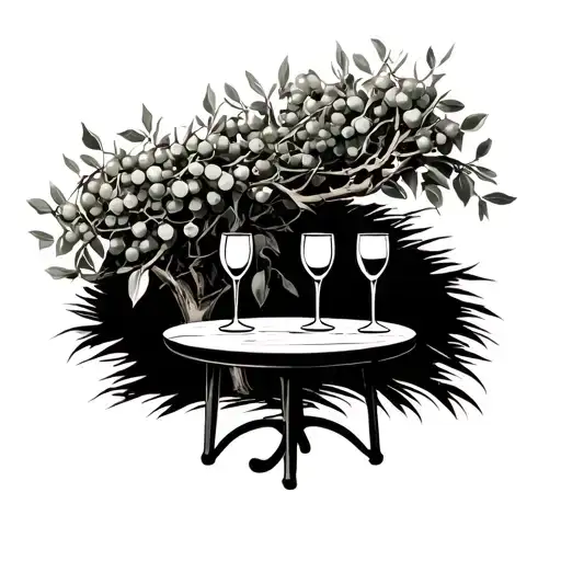 Minimalistic Tattoo Of A Round Garden Table With Two Glasses Of Wine On It Next To An Olive Tree