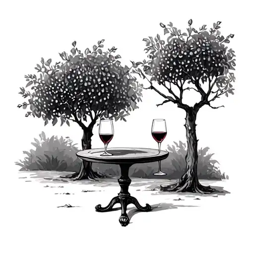 Minimalistic Tattoo Of A Round Garden Table With Two Glasses Of Wine On It Next To An Olive Tree