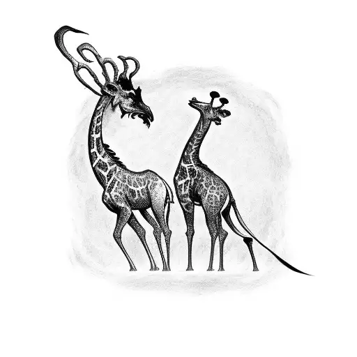 A Tattoo Of A Giraffe And A Dragon Facing Each Other In A Fierce Battle